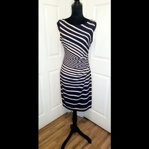 Navy/Tan Striped Knit Dress W/ Side Rouching